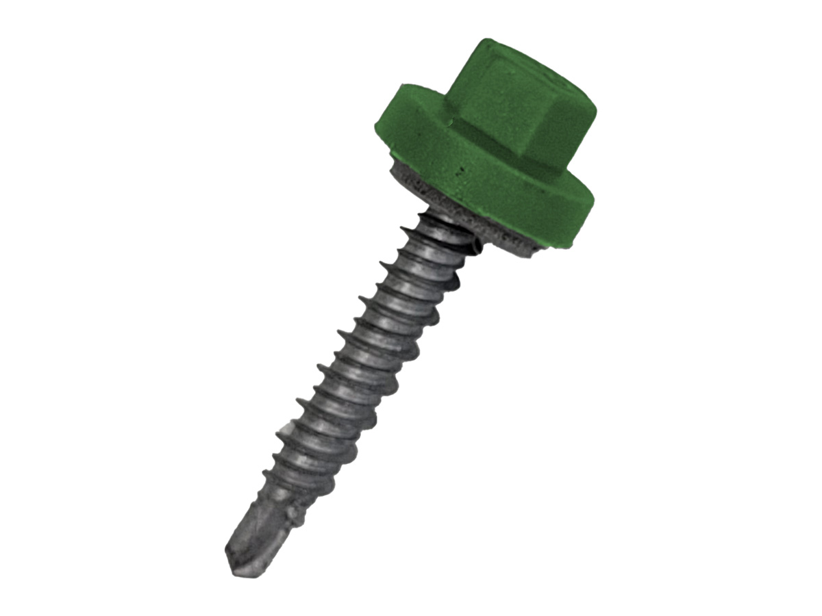 Zelfborende damwandschroef met nylon kleurkap, verzinkt, 3/8, RAL 6002, 6.3x38mm (200 stuks)